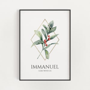 Emmanuel Dio con noi Arte della parete delle Scritture botaniche cristiane di Natale, Download digitale del versetto della Bibbia del verde invernale, Matteo 1:23 stampabile