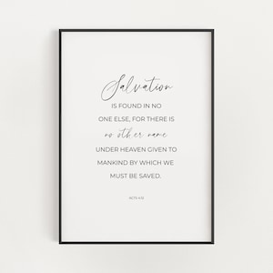 Hechos 4:12 Salvación Versículo bíblico imprimible arte de la pared, minimalista cristiano Pascua Escritura pared arte decoración del hogar, ningún otro nombre impresión digital