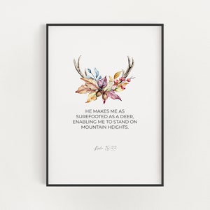 Salmo 18:33, Acuarela Floral Christian Wall Art Descarga instantánea con astas de ciervo, Escritura imprimible, Versículo bíblico Decoración de Acción de Gracias
