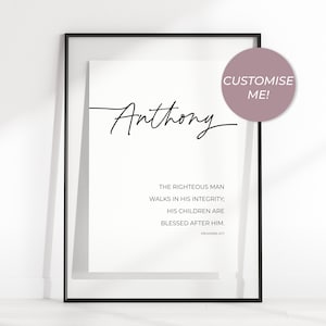 Proverbios 20:7 Nombre personalizado imprimible Versículo bíblico Arte de la pared, Regalo personalizado del Día del Padre Cristiano, Impresión descargable digital de las Escrituras de papá