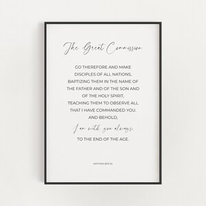 Matthieu 28:19-20 La Grande Commission Moderne Minimaliste Bible Verse Wall Art Digital Download Print, Christian Missionary Leave Gift