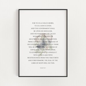 Isaiah 9:6-7 For To Us a Child is Born Floral Christian Christmas Scripture Wall Art Printable Decor with Watercolor Winter Greenery