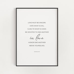 Romani 12:9-10 Matrimonio cristiano Bibbia Versetto stampabile Arte della parete, Scrittura digitale del matrimonio, Decorazione della parete della camera da letto religiosa