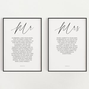 Ephesians 5: 22-28, Set of 2 Mr and Mrs Printable Marriage Bible Verse Wall Art, Christian Wedding Gift, Wives and Husbands Scripture Art