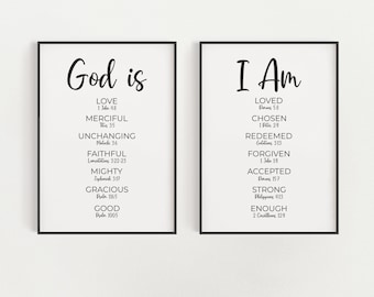 Set van 2 afdrukbare moderne minimalistische christelijke bijbelvers affirmaties kunst met identiteit in Christus en attributen van God Schriftcitaten