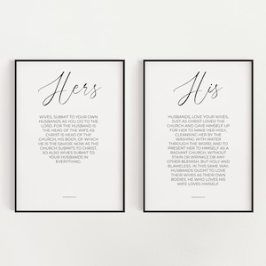 Ephesians 5:22-28, Printable Set of 2 His and Hers Minimalist Christian Wedding Bible Verse Wall Art Decor, Wives and Husbands Scripture Art