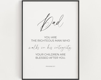 Proverbs 20:7 Righteous Man Minimalist Christian Bible Verse Printable Wall Art, Christian Father's Day Gift, Dad Scripture Digital Print