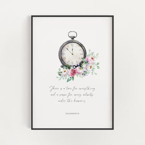 May include: A watercolour illustration of a vintage pocket watch with pink and white flowers. The quote "There is a time for everything and a season for every activity under the heavens." is written below the watch. The text "Ecclesiastes 3:1" is written below the quote.
