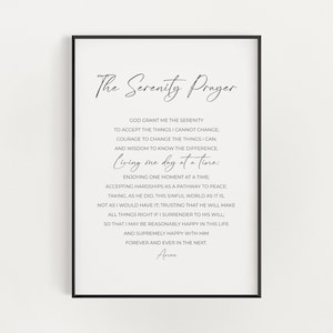 Serenity Prayer Vollversion von Reinhold Niebuhr, druckbare minimalistische Typografie Anonyme Alkoholiker Nüchternheit Geschenk, Sucht Genesung Art
