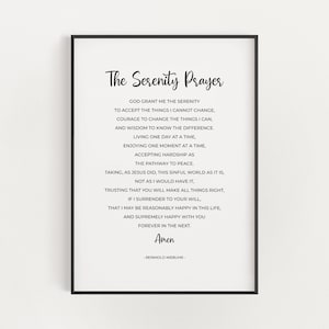 Gelassenheit Gebet Minimalist druckbare Wandkunst Volle lange Version von Reinhold Niebuhr, Anonyme Alkoholiker Nüchternheit Geschenk, Typografie Druck