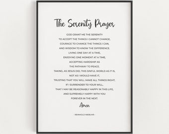 Serenity Prayer Minimalist Printable Wall Art Full Long Version by Reinhold Niebuhr, Alcoholics Anonymous Sobriety Gift, Typography Print