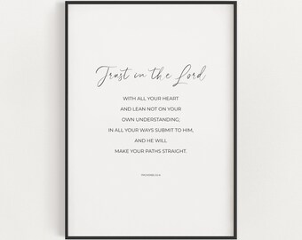Proverbs 3:5-6 Trust in the Lord With All Your Heart Printable Bible Verse Wall Art, Minimalist Scripture Digital Print, Christian Wall Art