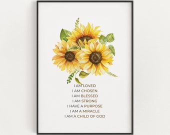 Ik ben een kind van God christelijke afdrukbare bevestigingen kunst aan de muur met gele aquarel zonnebloemen, christelijke kwekerij decor digitale download