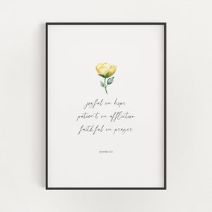 Romans 12:12 Joyful in Hope Bible Verse Printable Wall Art with Yellow Watercolor Flower, Modern Minimalist Joyful Scripture Digital Print
