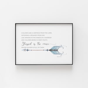 Psalm 127:3-5 Children are a Heritage From the Lord, Blue Watercolor Arrow Bible Verse Printable Wall Art, Christian Father's Day Gift Idea
