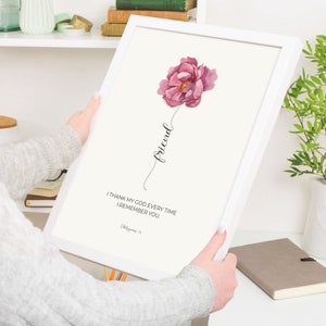 Philipper 1:3 Ich danke meinem Gott jedes Mal, wenn ich mich an dich erinnere, Aquarell Blumen Schrift druckbare Wand Kunst Dekor, christliche Freundschaft Geschenk