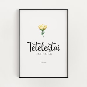 Arte de la pared del versículo bíblico de la cruz de Pascua imprimible, Juan 19:30 Tetelestai Está terminado, arte de las Escrituras cristianas florales amarillas Decoración del Viernes Santo