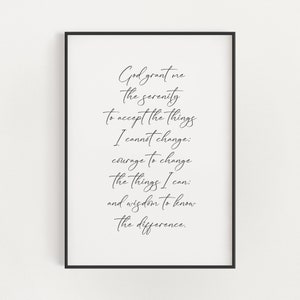 Tipografía minimalista de oración de serenidad arte de pared imprimible, poema de serenidad de versión corta de Reinhold Niebuhr, regalo de sobriedad de alcohólicos anónimos