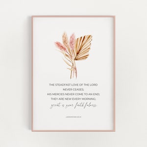 Wehklagen 3:22-23 Die standhafte Liebe des Herrn hört nie auf, Aquarell Blumen Boho christliche Wandkunst, Kinderzimmer Schrift druckbare Kunst