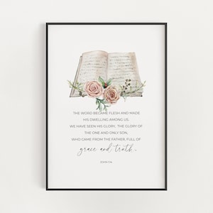 La Palabra Se Hizo Carne Juan 1:14 Navidad Cristiana Biblia Verso Arte de pared Descarga digital, Rosa Floral Festividad Escritura Decoración imprimible