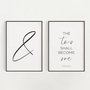 Efesios 5:31 y los dos se convertirán en un conjunto de 2 imprimibles de versículos bíblicos de tipografía minimalista con ampersand, regalo de boda cristiano