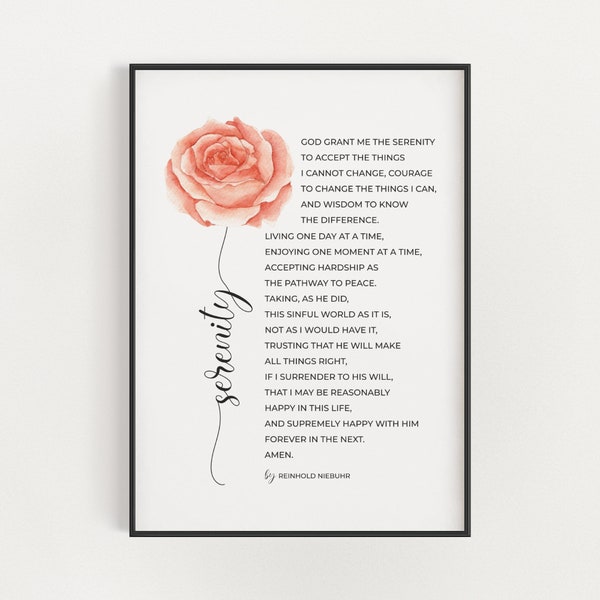 Full Long Version of The Serenity Prayer by Reinhold Niebuhr Printable Wall Art with Watercolor Flower, Alcoholics Anonymous Sobriety Gift