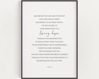 1 Peter 1:3-5 Blessed be to God Easter Bible Verse Wall Art Printable, Living Hope Scripture Digital Print, Minimalist Christian Wall Art