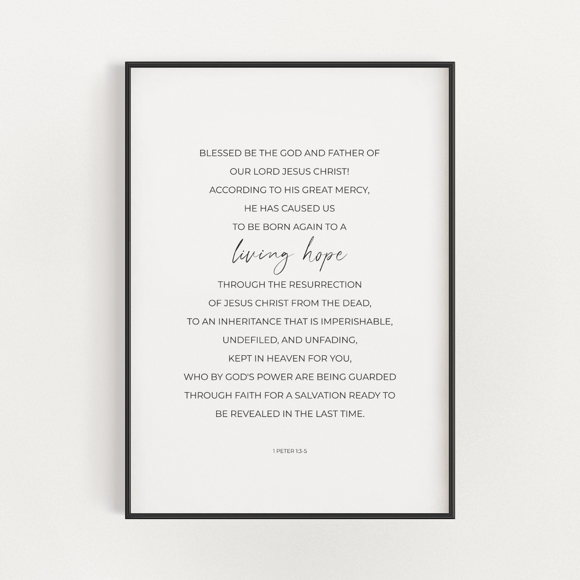1 Peter 1:3-5 Blessed be to God Easter Bible Verse Wall Art Printable, Living Hope Scripture Digital Print, Minimalist Christian Wall Art