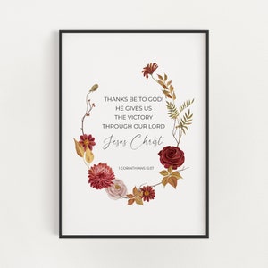 1 Corintios 15:57 Gracias a Dios Floral Acción de Gracias Otoño Versículo bíblico imprimible arte de pared, Escritura cristiana descargable impresión digital