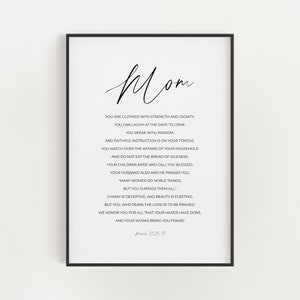 Proverbs 31:25-31, Mom Bible Verse Printable Wall Art Personalised Gift for Mother, Minimalist Christian Scripture Digital Download Wall Art