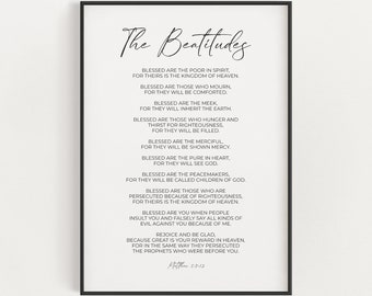 The Beatitudes Printable Bible Verse Wall Art, Minimalist Aesthetic Christian Scripture Digital Download, Matthew 5:3-12 Blessed Are Print
