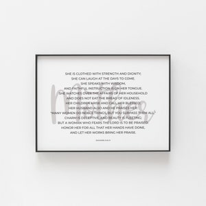 Proverbs 31:25-31 Printable Bible Verse Wall Art, Christian Mother&#39;s Day Gift, Minimalist Christian Scripture Wall Art Digital Download