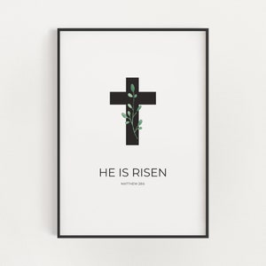 Mateo 28:6 Él ha resucitado Pascua imprimible versículo bíblico arte de la pared con cruz y hoja verde acuarela, Escritura cristiana Descarga instantánea