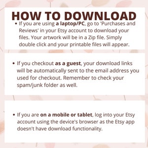 Puede incluir: Un gr&aacute;fico rosa y blanco con el texto "HOW TO DOWNLOAD" en marr&oacute;n. El gr&aacute;fico proporciona instrucciones sobre c&oacute;mo descargar archivos digitales de Etsy en una computadora port&aacute;til, como invitado o en un dispositivo m&oacute;vil.