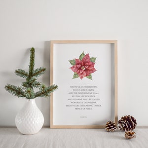 Isaiah 9:6 For To Us a Child is Born Floral Christian Christmas Bible Verse Wall Art Printable Decor with Watercolor Poinsettia