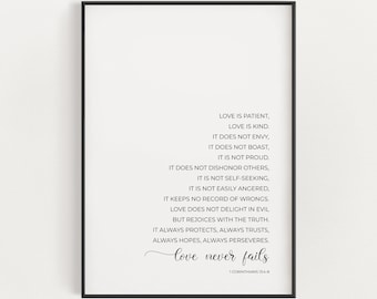 1 Corinthians 13:4-8 Love is Patient Love is Kind Christian Wedding Bible Verse Printable Wall Art, Religious Bedroom Scripture Digital Art
