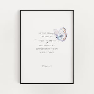 Filippenzen 1:6 Hij die een goed werk in jou begon afdrukbare christelijke muurkunst, minimalistische vlindermeisje kwekerij schrift digitale download