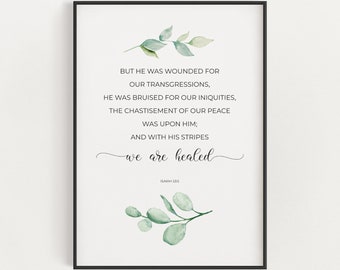 Isaiah 53:5 KJV With His Stripes We are Healed Easter Bible Verse Wall Art with Watercolor Greenery, Lent Scripture Print Digital Download