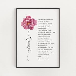 Versión original del arte de pared imprimible The Full Serenity Prayer de Reinhold Niebuhr con flor de acuarela, regalo de sobriedad AA para mujeres
