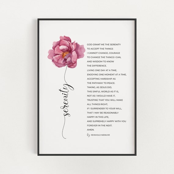 Original Version of The Full Serenity Prayer Printable Wall Art by Reinhold Niebuhr with Watercolor Flower, AA Sobriety Gift for Women