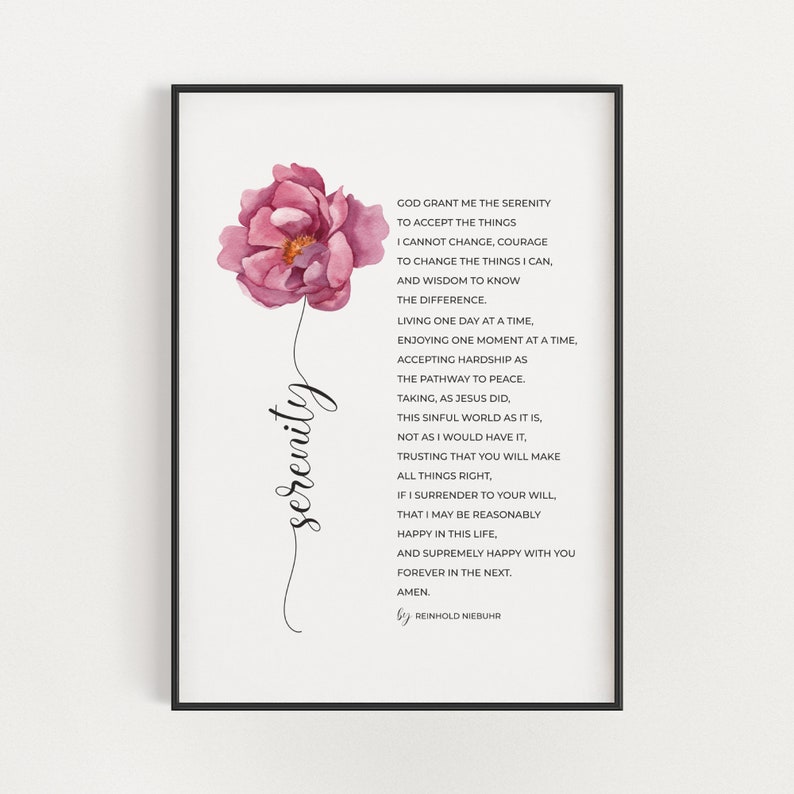 Original Version of The Full Serenity Prayer Printable Wall Art by Reinhold Niebuhr with Watercolor Flower, AA Sobriety Gift for Women image 1