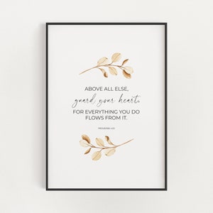 Spreuken 4:23 Bewaak vooral je hart Afdrukbare Bijbelvers Muurkunst, Minimalistische aquarel bloemenbladeren Christelijke schriftprint