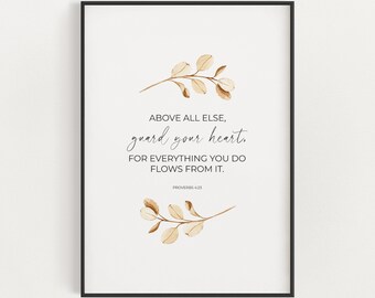 Proverbs 4:23 Above All Else Guard Your Heart Printable Bible Verse Wall Art, Minimalist Watercolor Floral Leaves Christian Scripture Print