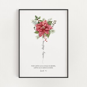 Isaías 9:6 Porque para nosotros nace un niño Escritura navideña cristiana Arte de pared imprimible, Versículo bíblico de Poinsettia roja de invierno Descarga digital