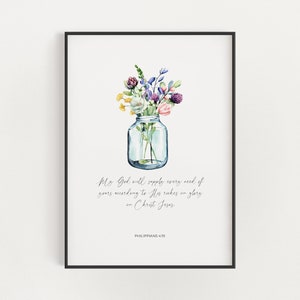 Philipper 4:19 Mein Gott wird jeden Bedarf liefern Christliche Kinderzimmer Bibel Vers Wandkunst druckbare, florale Schrift digitaler Download Druck