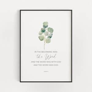 Juan 1:1 En el principio era la Palabra KJV Pascua Biblia Versículo Arte de pared imprimible, Decoración de arte de pared cristiana floral con hoja verde acuarela