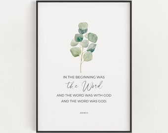 John 1:1 In the beginning was the Word KJV Easter Bible Verse Printable Wall Art, Floral Christian Wall Art Decor with Watercolor Green Leaf