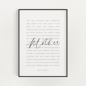 Proverbs 31:25-31 Printable Scripture Wall Art, Christian Mother&#39;s Day Gift, Mom Bible Verse Art, She is Clothed with Strength and Dignity