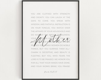 Spreuken 31:25-31 Afdrukbare Schriftmuurkunst, Christelijk Moederdagcadeau, Moeder Bijbelverskunst, Ze is gekleed met kracht en waardigheid