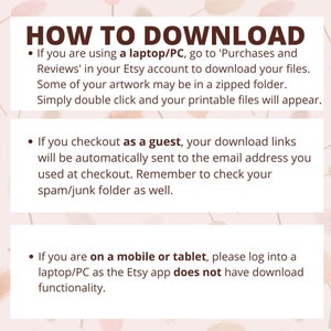 May include: A light pink background with text that reads "HOW TO DOWNLOAD." Instructions are provided for downloading files from Etsy on a laptop/PC, as a guest, and on a mobile device or tablet.